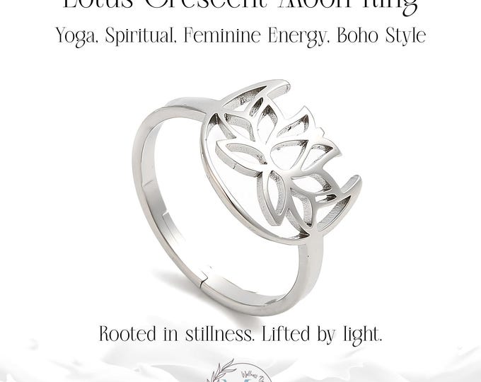 Lotus Crescent Ring | Adjustable Yoga Ring | Silver Spiritual Jewelry | Mindfulness Gift for Her I Personalized Gift Pouch Included