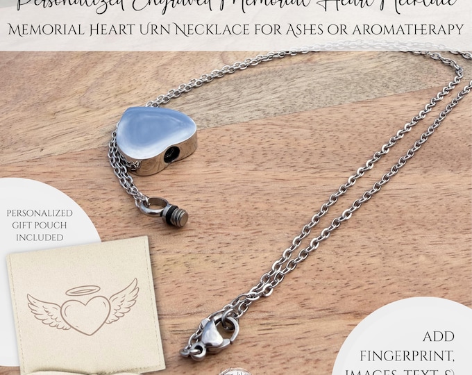 Personalized Heart Urn Necklace | Engraved Stainless Steel Cremation Ash Holder | Aromatherapy Locket