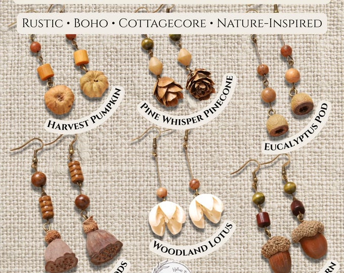 Boho Nature Earrings: Acorn, Pinecone, Lotus & Eucalyptus