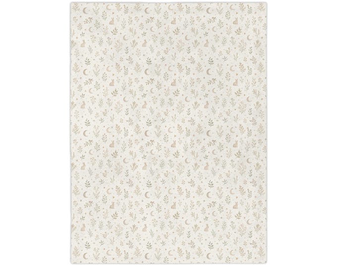 Boho Bunny, Moon and Leaves Velveteen Blanket | Neutral Beige Microfiber Throw