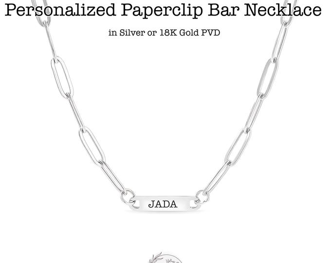 Personalized Bar Necklace – Paperclip Chain | 18K Gold PVD or Silver | Custom Engraved Minimalist Jewelry | Custom Gift for Her