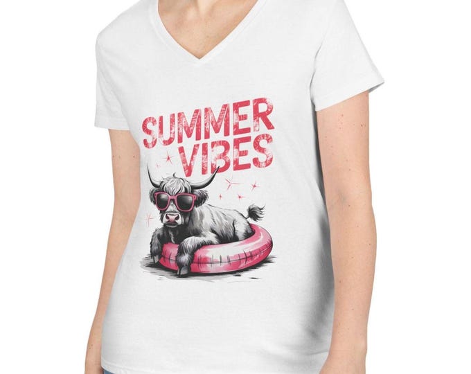 Summer Vibes Highland Cow V-Neck T-Shirt, Funny Farm Animal Shirt, Cute Cow Tee, Pink Sunglasses Graphic Tee, Country Girl Summer Shirt
