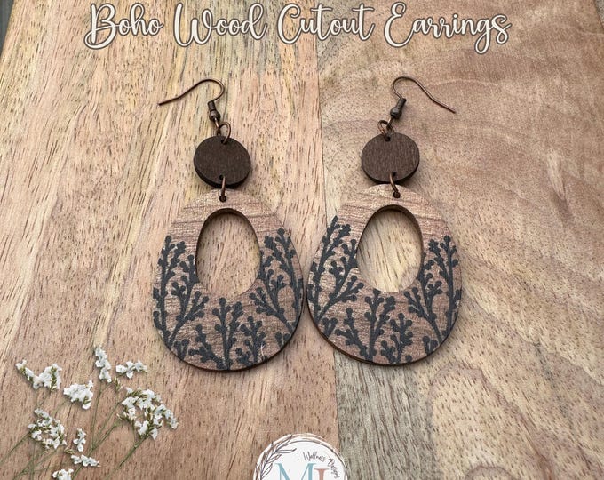 Boho Wood Cutout Earrings: Personalized Initial or Symbol, Lightweight