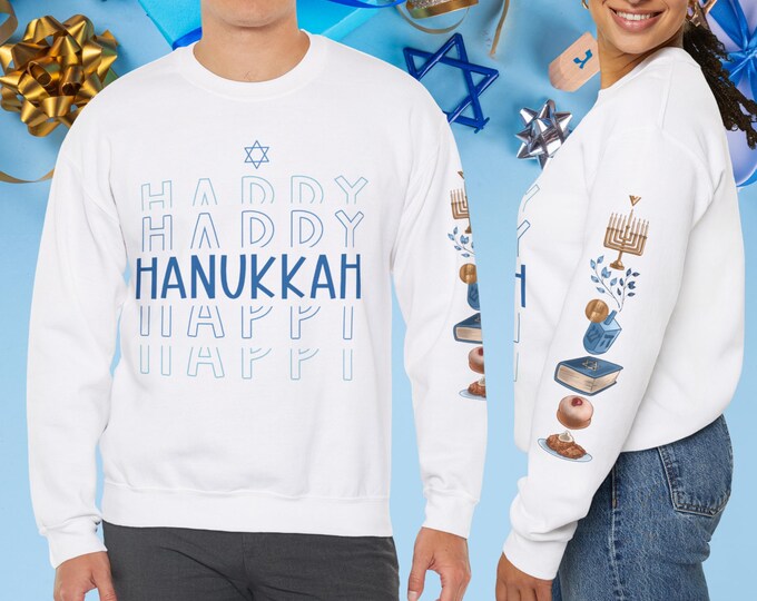 Happy Hanukkah Unisex Crewneck Sweatshirt | Hanukkah Symbols Sleeve | Menorah, Dreidel, Star of David, Gelt, & Sufganiyot | Cozy Sweater