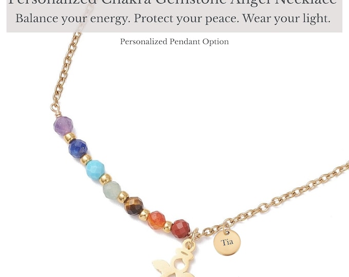 Personalized Chakra Gemstone Angel Pendant  Necklace: Gold Wing Pendant