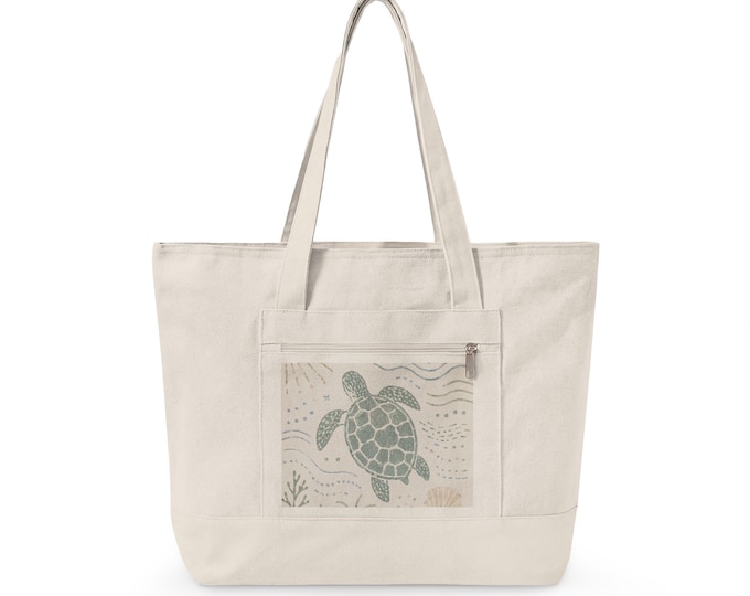 Sea Turtle Illustration Zippered Canvas Tote | Ocean Beach Reusable Bag