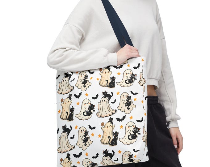 Spooky Ghost Tote Bag - Halloween Carryall, Cat Lovers Gift, Trick-or-Treat Bag, Cute Tote for Fall, Party Favor