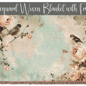 Manta de lujo tejida en jacquard personalizada, carta de amor floral vintage, rosas, pájaros y escritura a mano, manta pastel para decoración del hogar o regalo, 3 tamaños