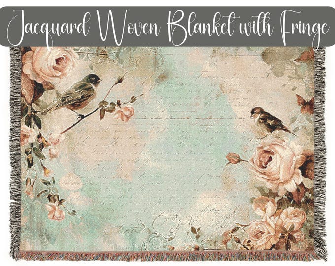 Luxury Custom Jacquard Woven Blanket, Vintage Floral Love Letter | Roses, Birds & Handwriting | Pastel Throw for Home Decor or Gift, 3 Sizes