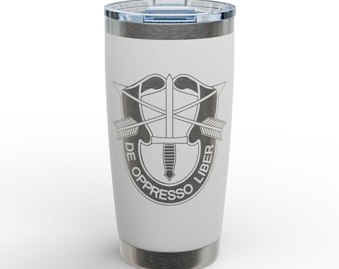 Special Forces Engraved Tumbler, De Oppresso Liber Cup, Military Veteran Gift, Green Beret Inspired 20oz Stainless Steel Tumbler