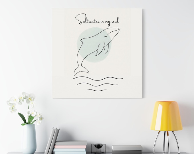Minimalist Whale Line Art Canvas | Aqua Watercolor Humpback Print | Modern Coastal Ocean Decor | Beach House Sea Life Artwork
