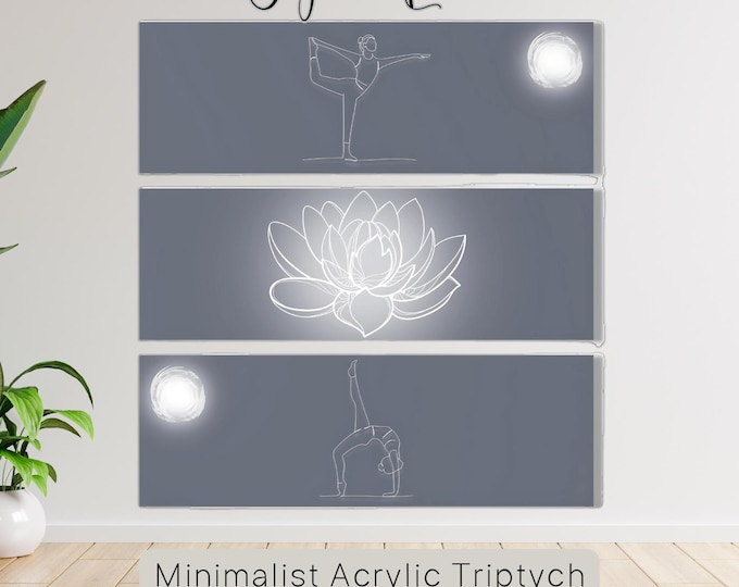 Minimalist Yoga & Lotus Acrylic Triptych | White Line Art Yoga Poses and Lotus | Soft Moon and Gray Background | Home and Studio Luxury Art