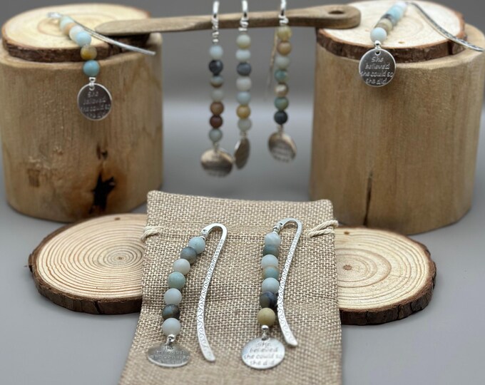 Natural Stone Bookmark Amazonite & Hemp Cord “She Believed She Could” Pendant Chakra Bookmark for Mindfulness and Wellness I Inspirational