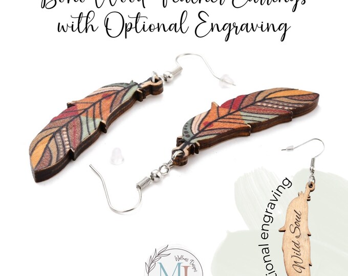 Engraved Feather Wood Earrings | Boho Dangle Earrings | Colorful Lightweight Jewelry | Personalized Gift for Her + Personalized Gift Pouch