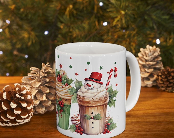 Christmas Coffee Mug | Fun Colorful Holiday Design with Festive Coffees, Snowmen and Candy Canes | Ceramic Winter Drinkware 11oz & 15oz
