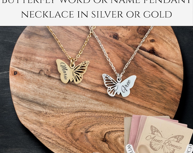 Personalized Dainty Butterfly Necklace: Engraved Name Pendant, Gold or Silver + Custom Suede Pouch