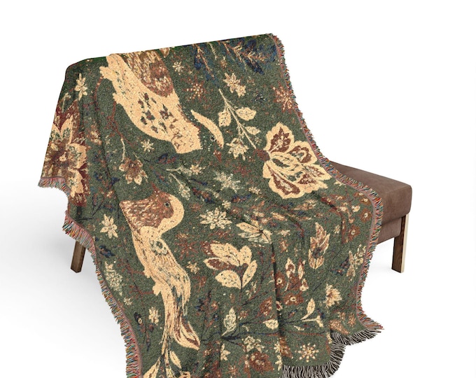 Woven Cotton Bird Botanical Blanket, Folk Art Boho Tapestry Throw