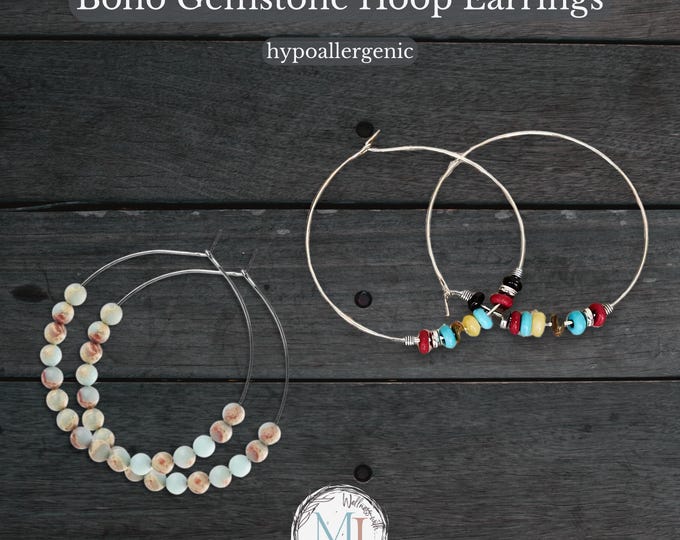 Boho Gemstone Hoop Earrings: Amazonite, Natural Stone, Hypoallergenic, Lightweight, Gift Pouch