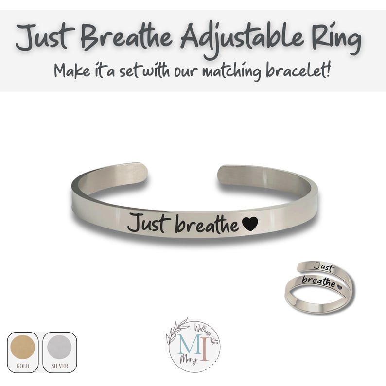 Just Breathe Ring: Hypoallergenic Adjustable Affirmation Jewelry, Gold or Silver, Personalized Pouch & Story Card image 7