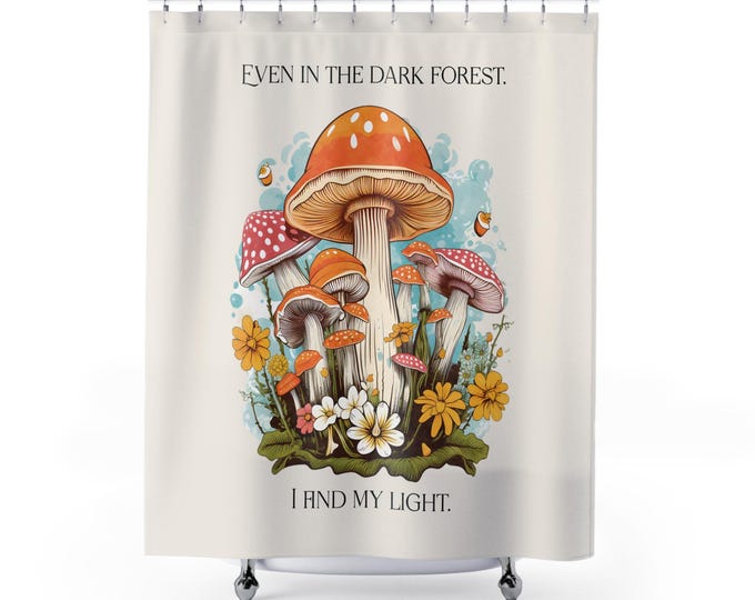 Mushroom Shower Curtain | Positive Affirmations Cottagecore Botanical Bathroom Decor