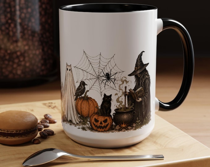 Vintage Halloween Scene Accent Mug | Ghost, Skeleton, Witch, Pumpkins Full Wrap Design