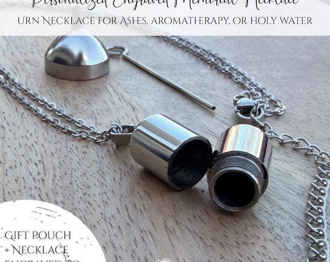 Personalized Column Urn Necklace | Engraved Stainless Steel Memorial Locket with Gift Pouch + Funnel Kit