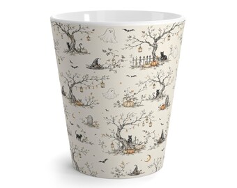 May include: A tapered ceramic mug with a cream-colored background featuring a repeating black and orange ink-style illustration of Halloween motifs including ghosts, black cats, pumpkins, witch hats, bare trees, lanterns, and small bats.