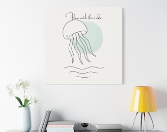 Minimalist Jellyfish Canvas Print: Aqua Watercolor Coastal Wall Art