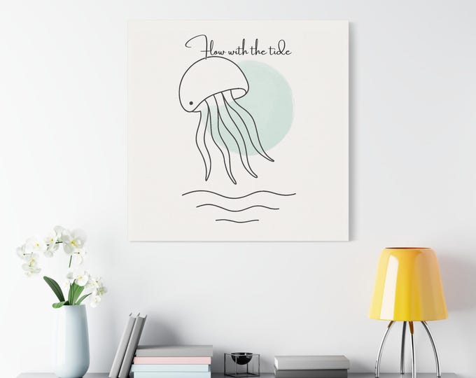 Minimalist Jellyfish Line Art Print | Modern Coastal Canvas Wall Art | Aqua Watercolor Sea Life Decor | Beach House Nursery Print