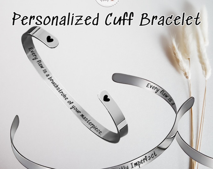 Personalized Cuff Bracelet | 2-Sided Custom Engraved Thin Bangle | Minimalist Gift for Women & Men | Daily Mantra Jewelry and Secret Code