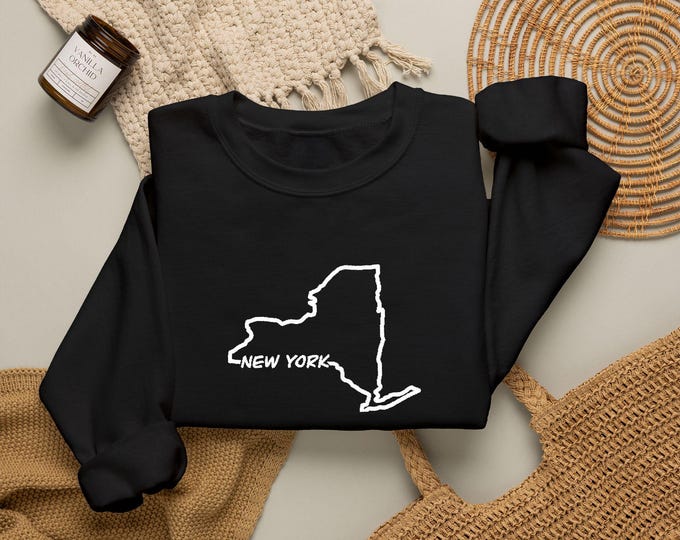 New York State Outline Embroidered Sweatshirt with Personalized Left Sleeve
