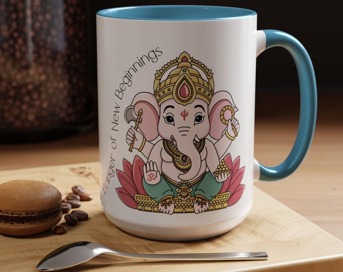 Ganesha Accented Ceramic Mug I 11oz and 15oz Stylish Mug with Colored Interior and Handle | Perfect Morning Coffee Tea or Cocoa Companion