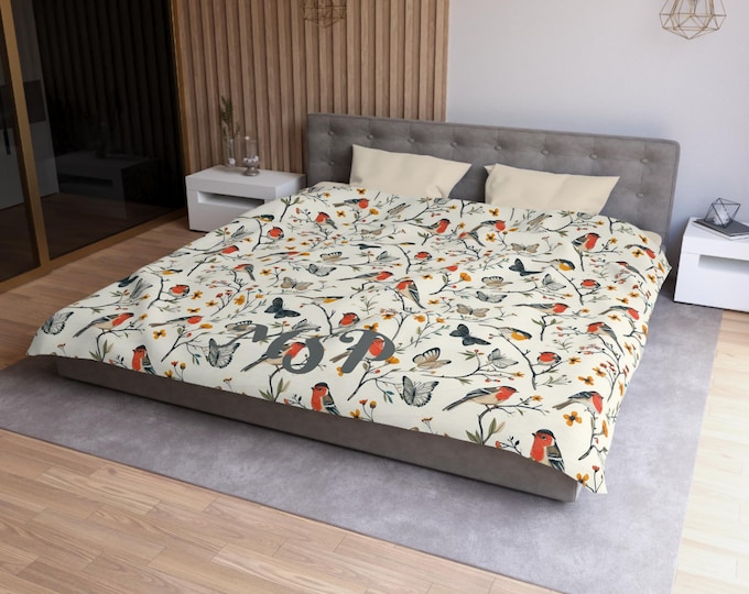 Monogrammed Birds & Butterflies Duvet Cover | Custom Nature-Inspired Bedding | Cozy Microfiber Floral Bed Set | Elegant Bedroom Decor