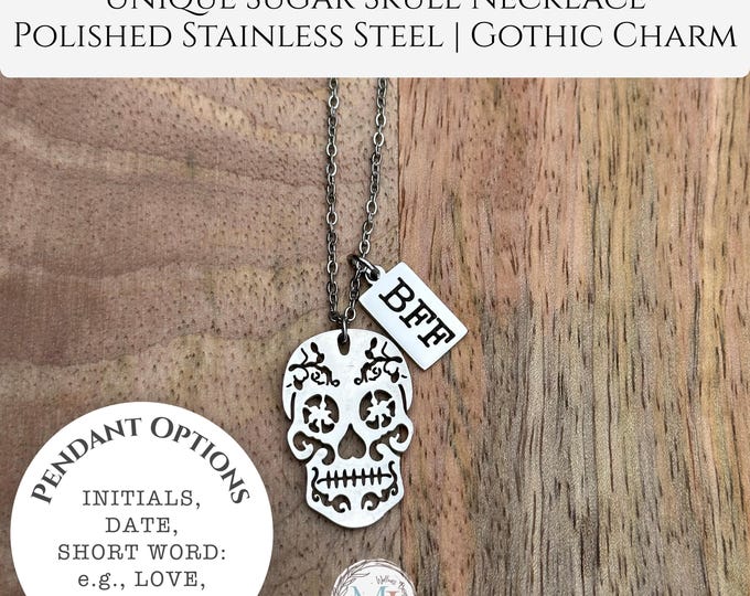 Personalized Sugar Skull Necklace: Engraved Stainless Steel Gothic Pendant