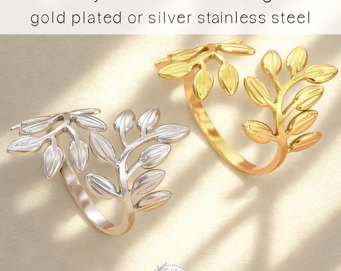 Adjustable Leaf Ring, Gold Plated or Silver Stainless Steel Botanical Jewelry