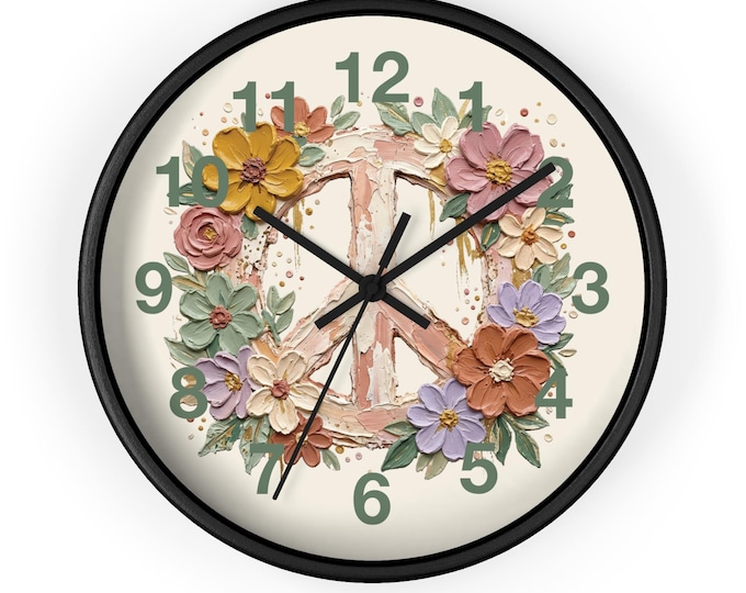 Floral Peace Sign Wall Clock | Boho Flower Wreath Wall Art
