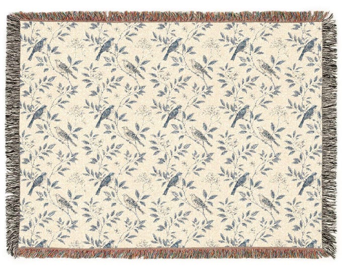 Quiet Garden Woven Blanket: Blue Birds on Branches | Classic Botanical Heavyweight Throw