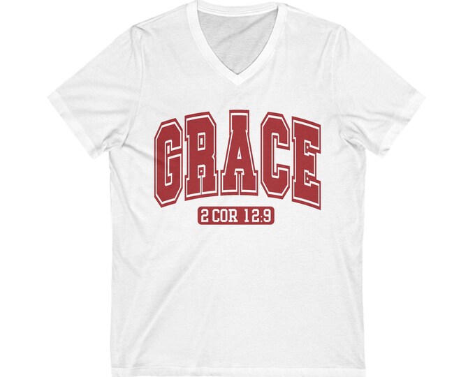 Grace V-Neck Tee, Christian Faith Shirt, Inspirational Gift, Unisex Spiritual Top, Bible Verse Apparel, Casual Faith Wear