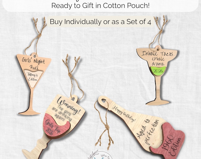 Personalized Layered Wood Drink Ornaments: Laser Engraved Wine Bottle, Wine Glass, Martini & Margarita