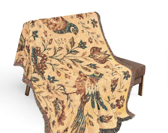 Folk Art Bird Woven Blanket, Cotton Botanical Tapestry Throw, Scandinavian Cottagecore Decor