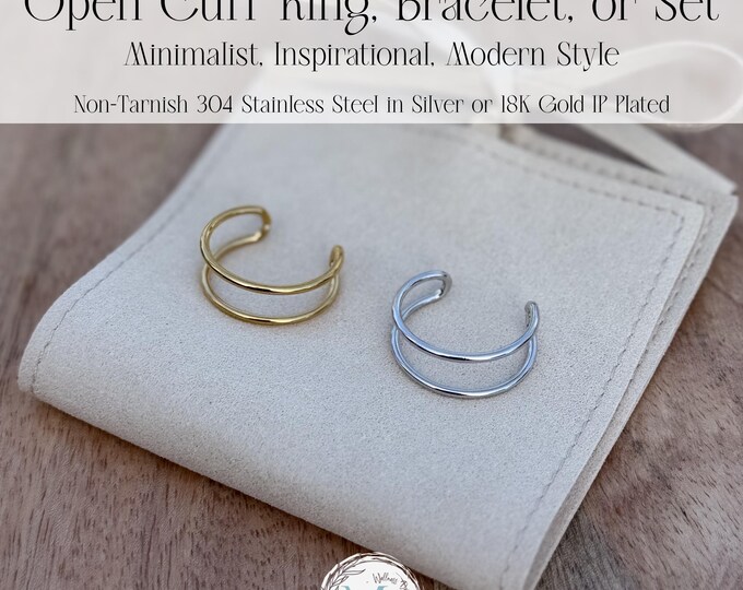 Minimalist Open Cuff Ring, Bracelet or Set: Adjustable Band in Silver or 18K Gold