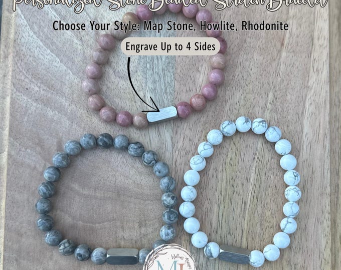 Personalized Stone Bracelet: Engraved Stainless Steel Cube, Boho Beaded Jewelry