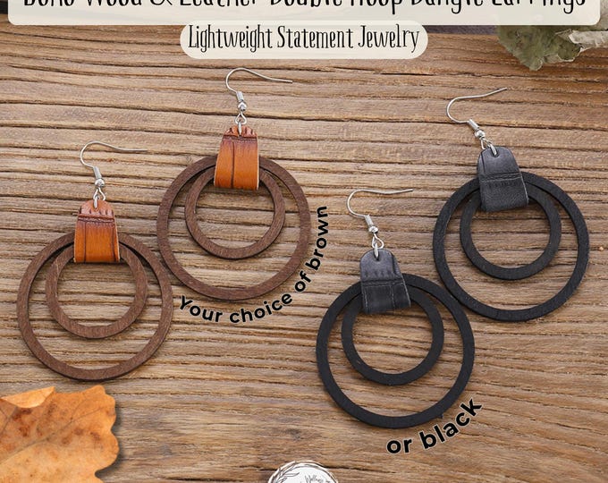 Boho Wood & Leather Hoop Earrings: Lightweight Statement Jewelry