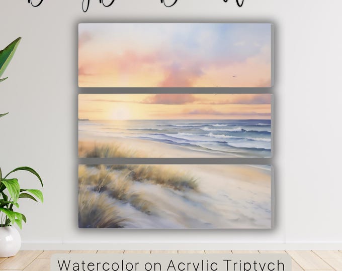 Dreamy Dunes Watercolor Beach 3-Panel Acrylic Art | Retro Coastal Decor I Dreamy Dunes Acrylic Wall Art Triptych Gift for Her
