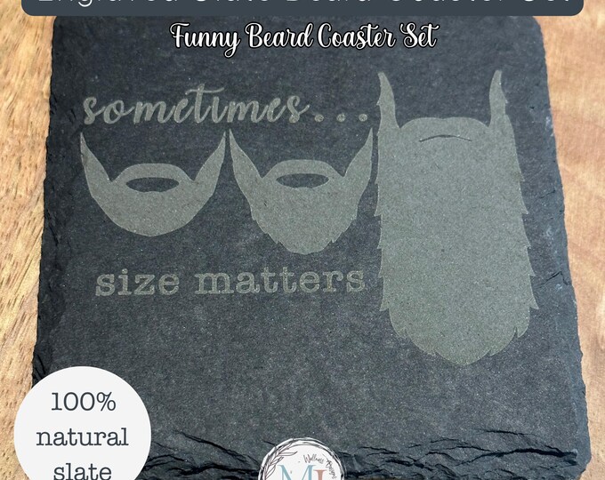 Funny Beard Coaster Set | Engraved Slate Drink Coasters | Personalized Back Option | Men’s Gift, Groomsmen Gift, Father’s Day Barware