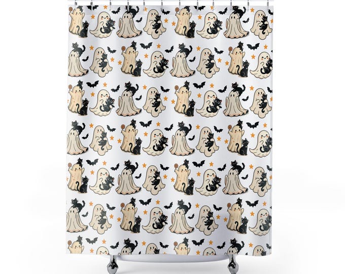 Halloween Black Cat & Ghost Shower Curtain | Cute Spooky Kawaii Bathroom Decor | Ghost Cat Print | Fall Bathroom Upgrade | 71x74 inches
