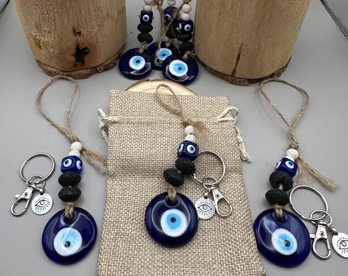 Blue Evil Eye Lanyard and Keychain Set with Aromatherapy Lava Rocks, 100% Hemp Rope, Glass Bead & Pendant, Gift-Ready Spiritual Protection