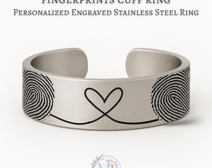 Personalized Fingerprint Ring: Adjustable Unisex Engraved Cuff • Symbols • Personalized Gift Pouch