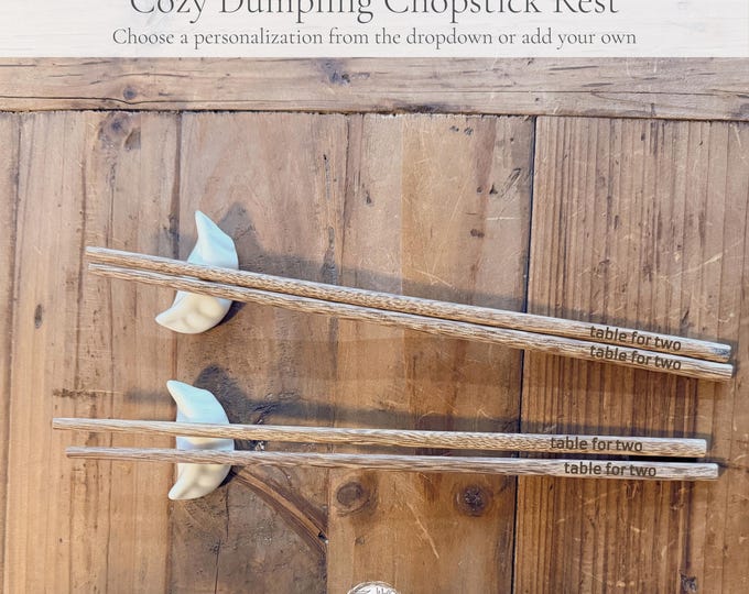 Personalized Chopstick & Ceramic Dumpling Rest Set | Custom Reusable Wooden Chopsticks | Date Night Cozy Ramen and Sushi Gift