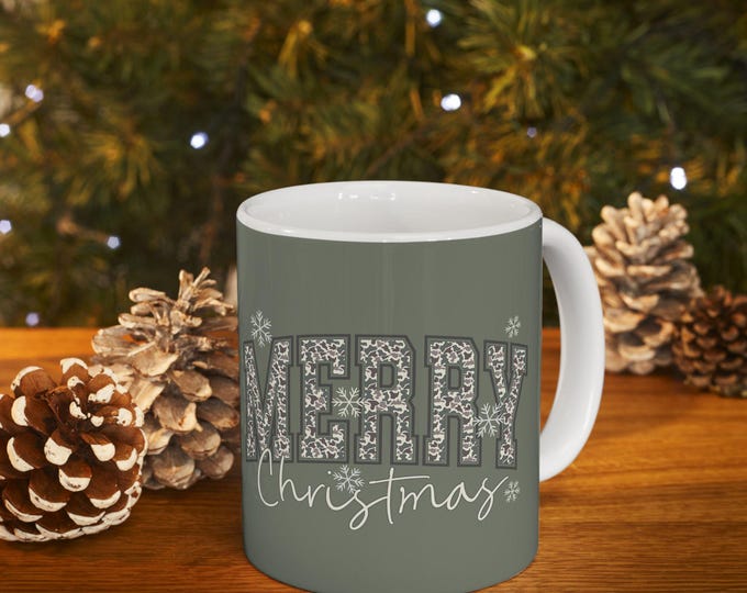 Merry Christmas Mug, Camo Varsity Holiday Coffee Cup, Snowflake Design